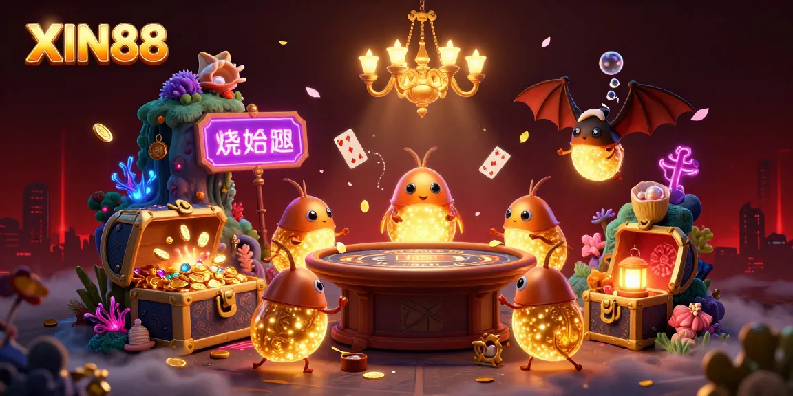 XIN88 illuminates a casino cave with vibrant glowworms and treasure, enhancing player experience.