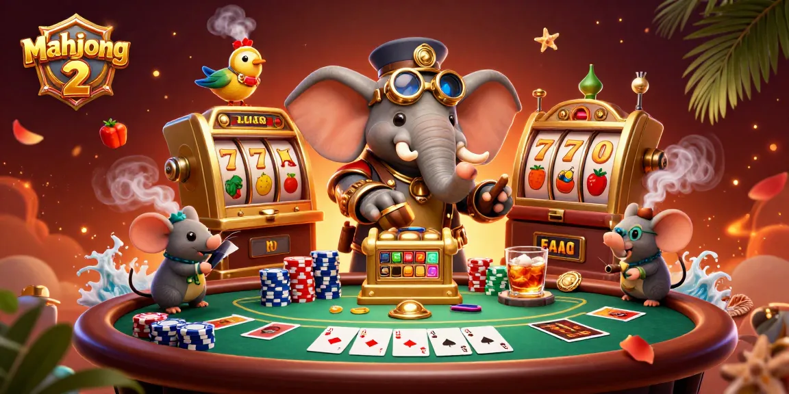 Play thrilling mahjong 2 slot games with a steampunk elephant engineer and vibrant casino elements.
