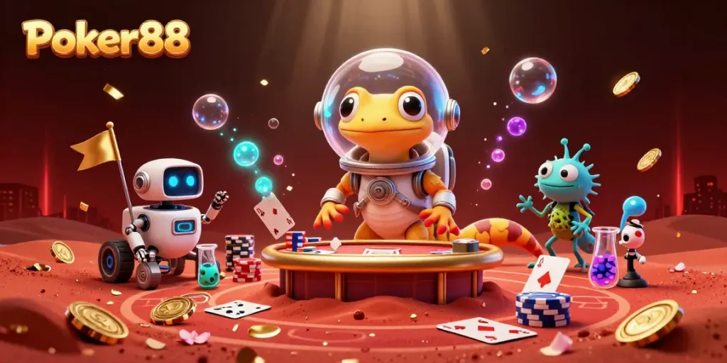 Poker88 illustration showcasing a Martian gecko in a casino with poker elements and vibrant colors.