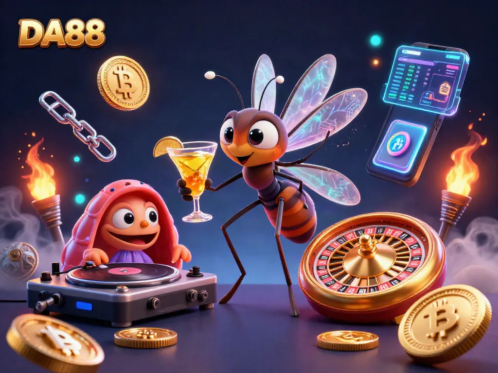 Experience DA88's vibrant gambling universe, featuring an amber mosquito mascot, trilobite DJ, and a golden roulette.