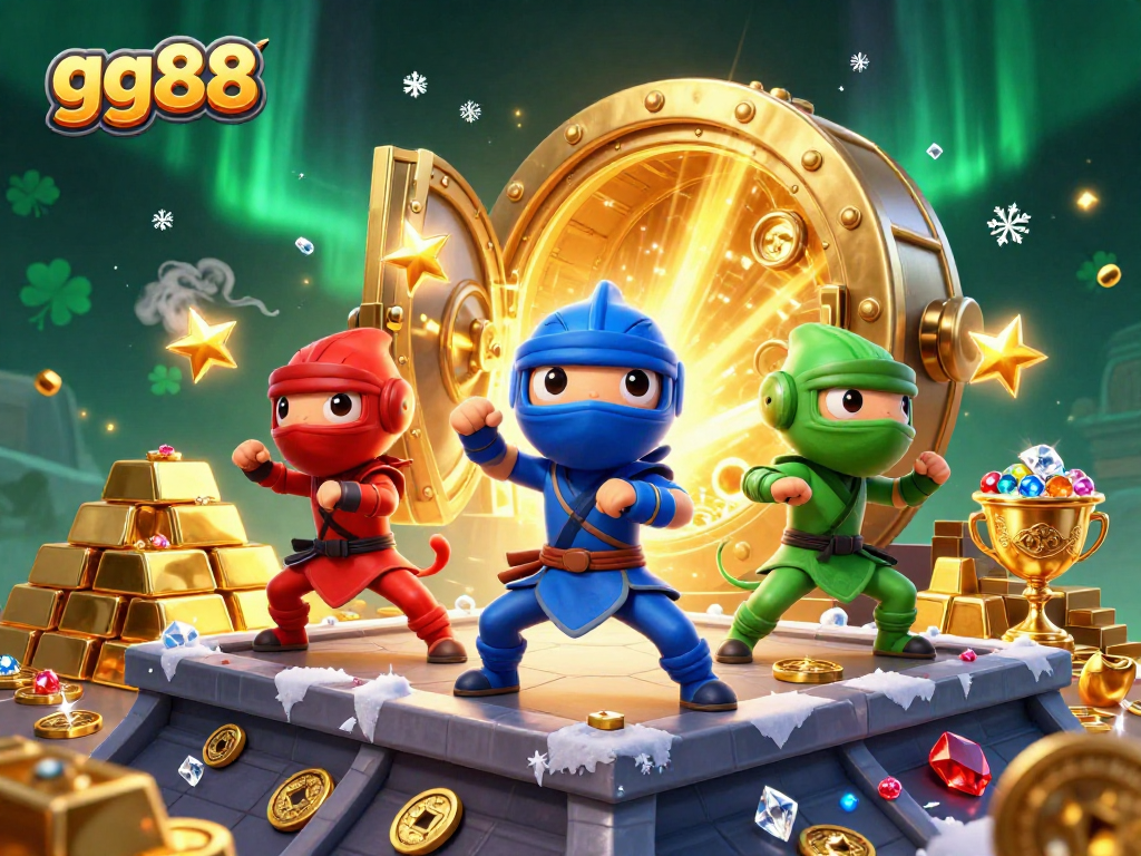 Join the action at gg88 with a vibrant 3D illustration of chameleon ninjas amidst dazzling treasures.