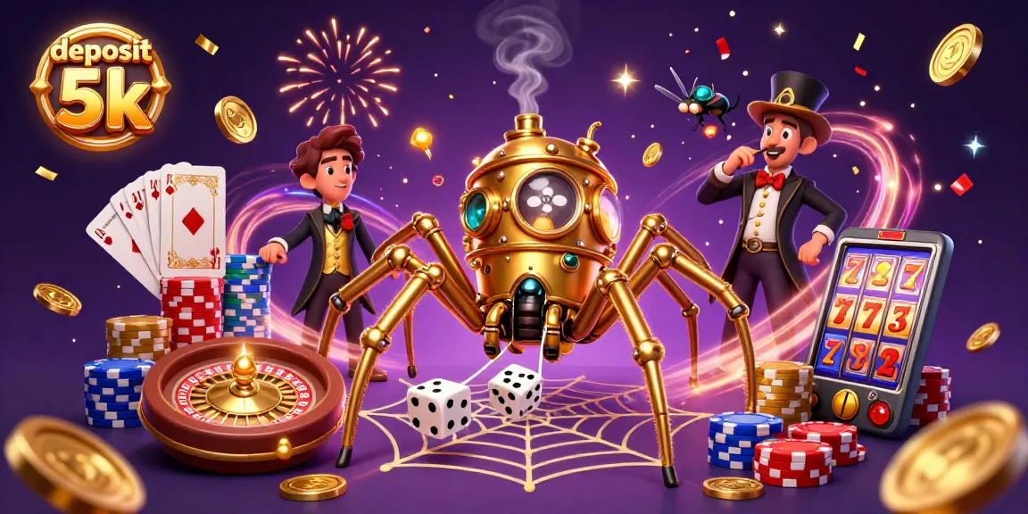 Win big with deposit 5k: Steampunk spider, playing cards, coins, and casino elements.