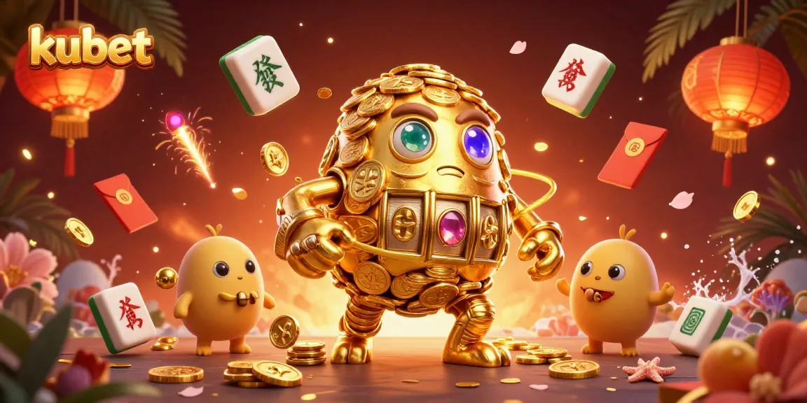 Experience the thrill of kubet with a glowing golden golem surrounded by vibrant casino elements.