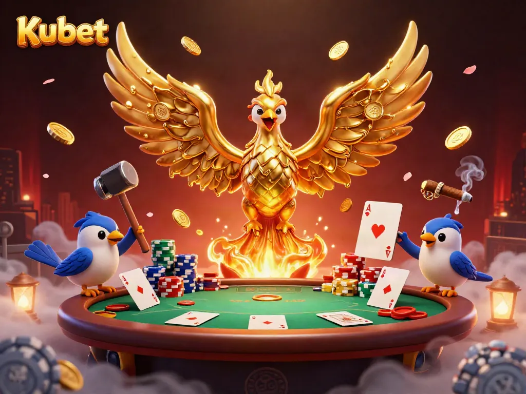 Kubet's golden phoenix emerges from a forge, surrounded by poker tables and vibrant casino elements.