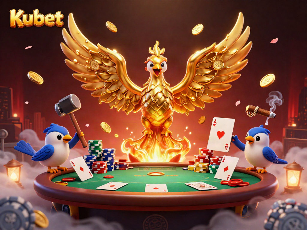 Kubet's golden phoenix emerges from a forge, surrounded by poker tables and vibrant casino elements.