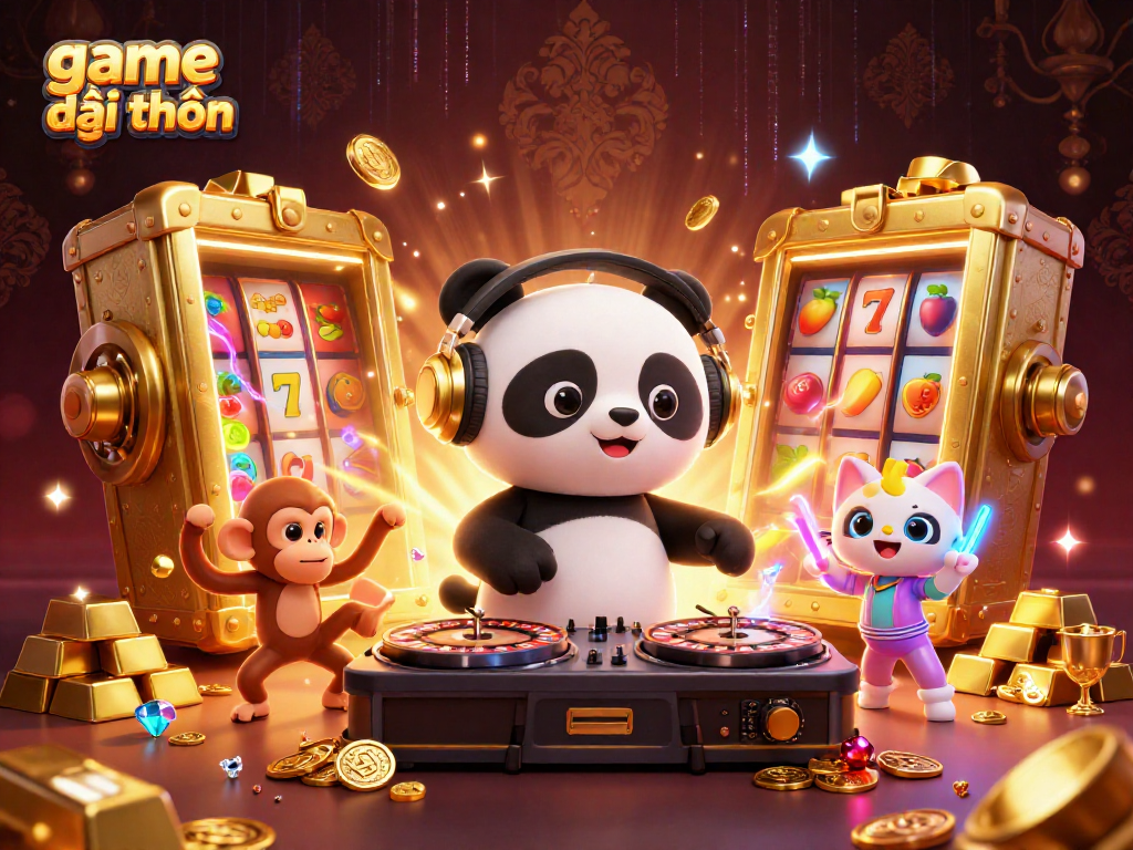 Experience the excitement of game đổi thưởng with vibrant 3D characters dancing amidst gold treasures and slot reels.