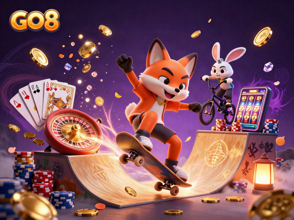 Watch the GO8 skateboarder fox perform tricks in a vibrant casino-themed 3D scene full of action.