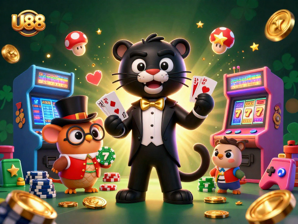 Play exciting slot games with U88 alongside a stylish panther, wise owl, and lucky mouse.