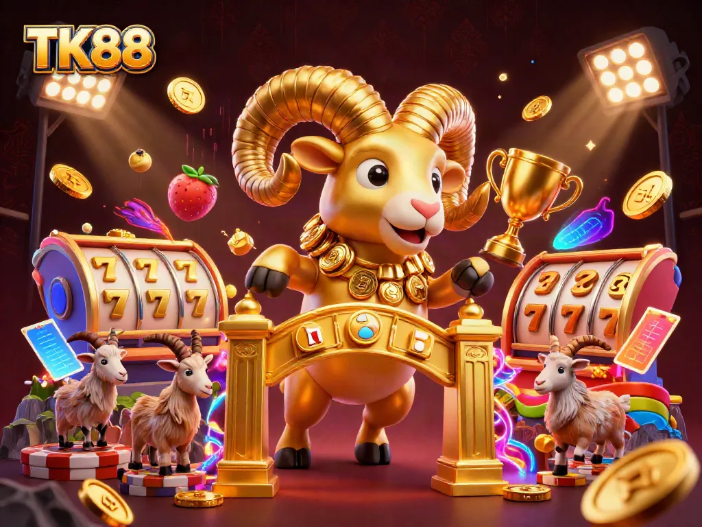 Engage in high-stakes jackpots at TK88 with vibrant golden ram and thrilling casino elements.