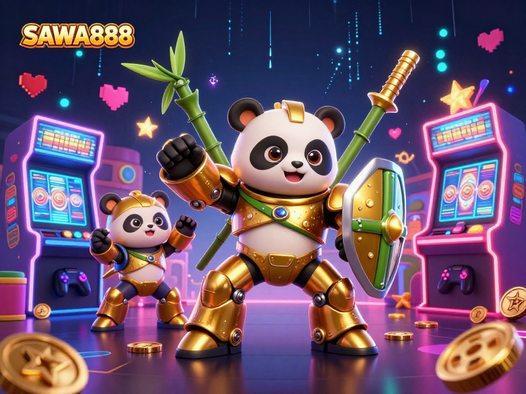 Engage in thrilling gameplay with SAWA888, featuring a golden panda in a vibrant casino arena.