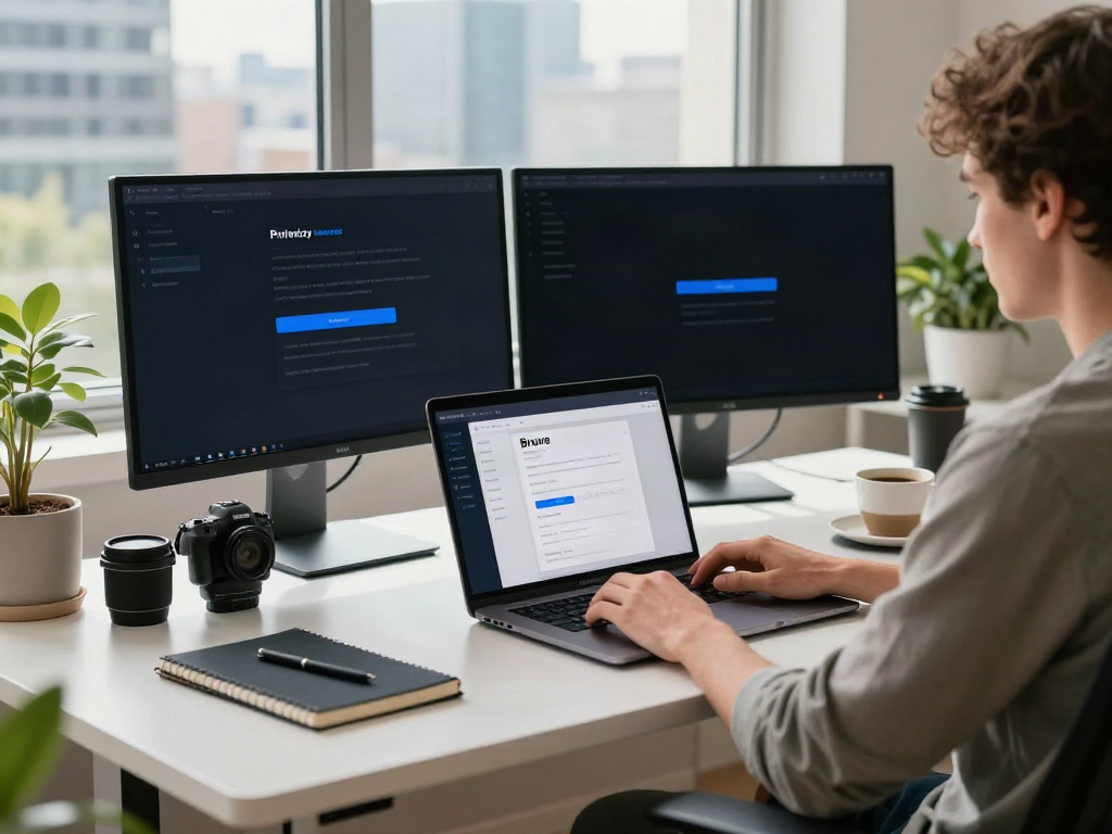 Brave browser user engaged with tech in a modern workspace.