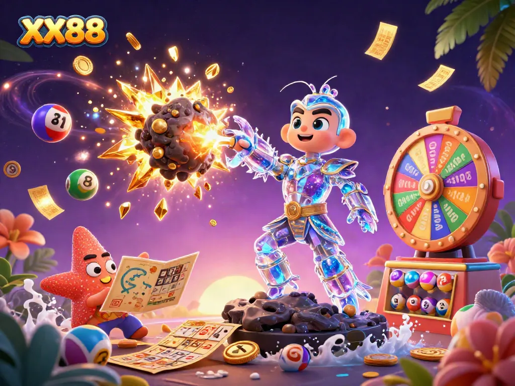 Experience explosive wins with XX88 as vibrant lottery balls and treasure fly through the scene.
