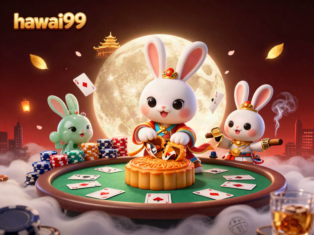 Play with hawai99's vibrant gambling scene featuring poker elements and enchanting moon rabbits.