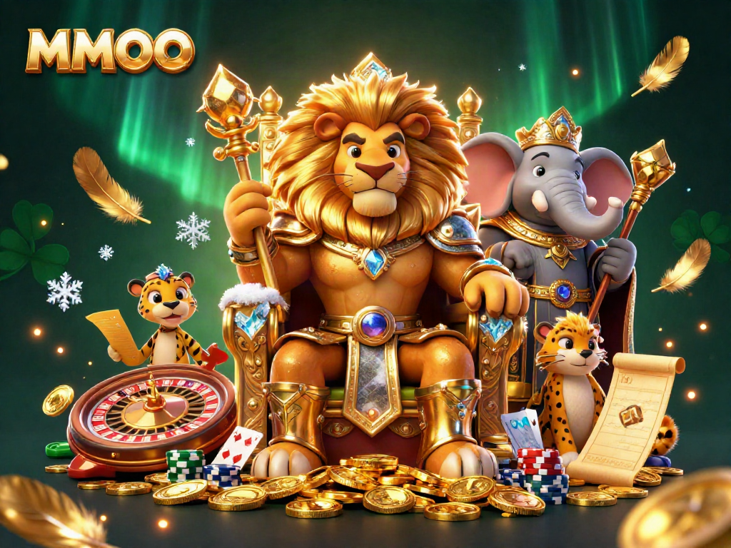 Experience the excitement of MMOO with a regal lion king in a vibrant casino scene