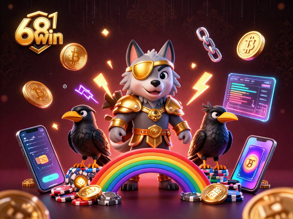 Experience the thrilling realm of 68win with Odin and ravens surrounded by glowing crypto elements.