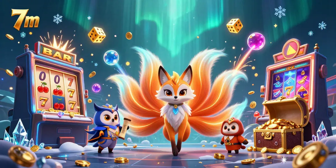 Engaging scene of the colorful 7m nine-tailed fox spirit and wise owl surrounded by vibrant casino elements.
