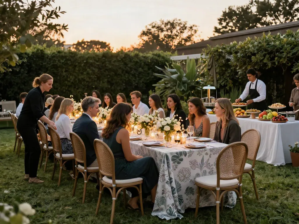 Event furniture rental in an elegant outdoor setup with stunning tables, lights, and floral décor.