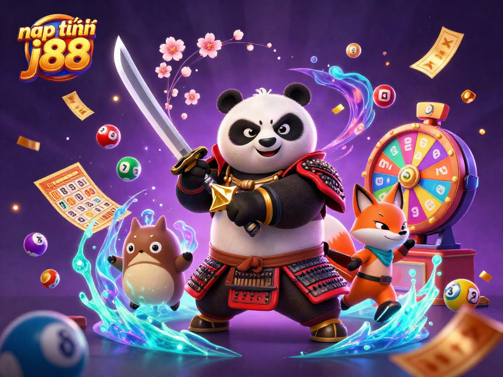 Engage in nạp tiền j88 with a vibrant 3D casino scene showcasing samurai panda, ninja fox, and magical tanuki.