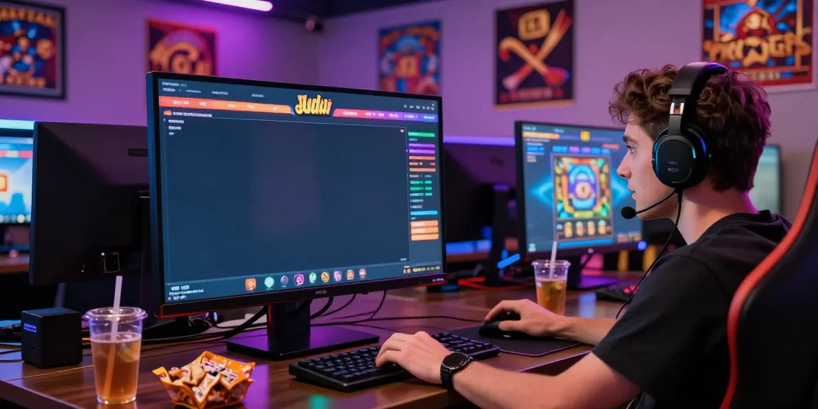 Permainan judi slot online yang seru, dengan pemain yang antusias memainkan mesin slot di meja permainan.