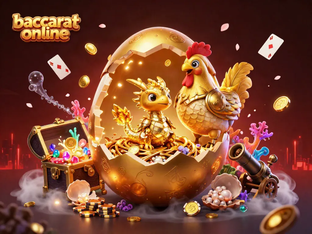 Experience baccarat online with a vibrant illustration of golden characters, poker chips, and casino elements.