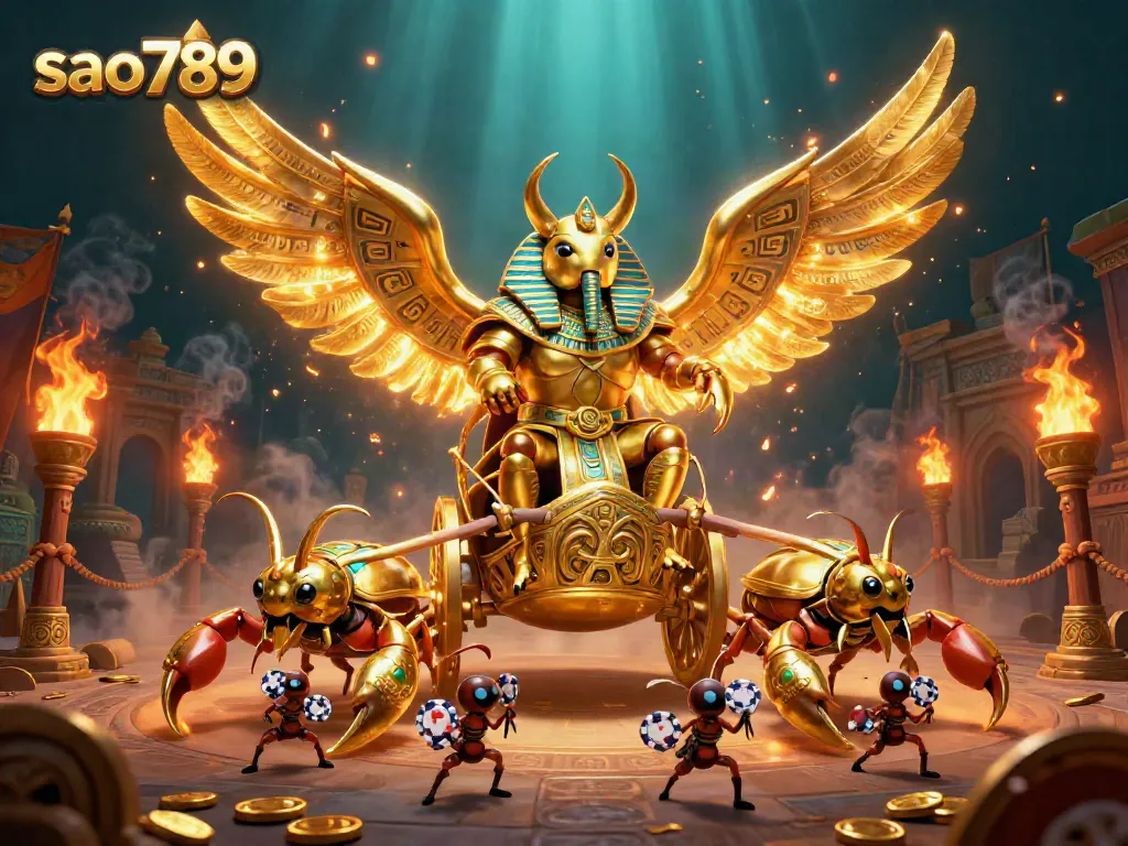 Engage in thrilling gameplay with sao789 as a colossal golden scarab beetle and scorpions charge through a dynamic casino scene.