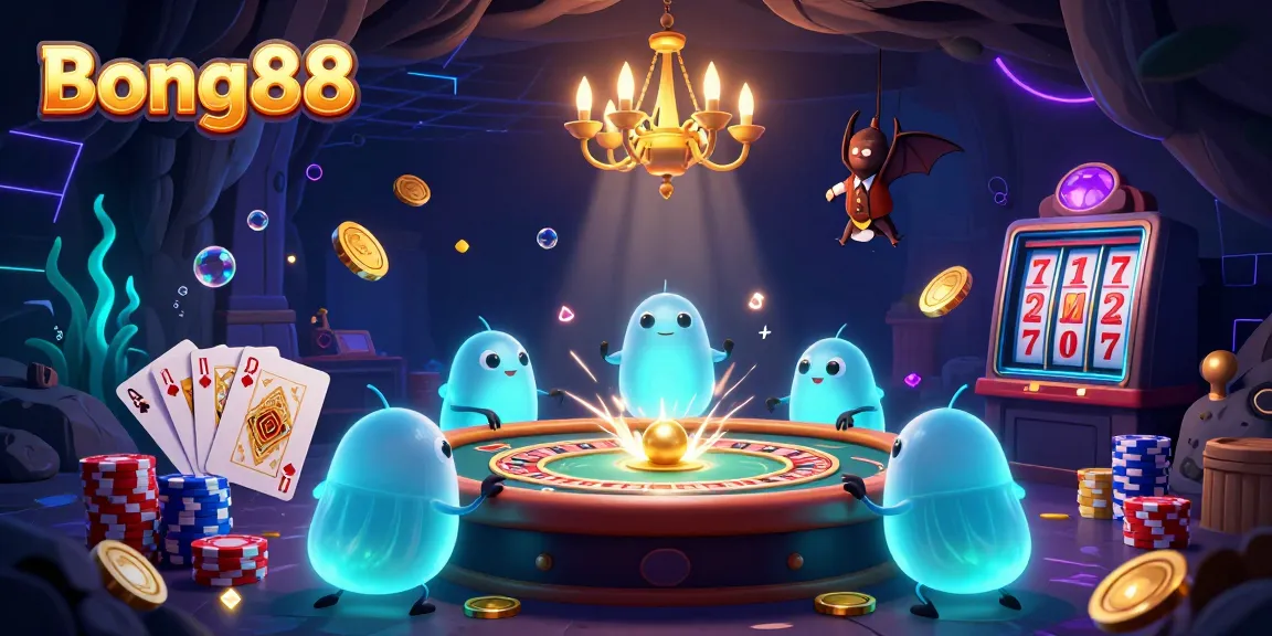 Bong88 casino action scene showing glowworms illuminating gaming elements like cards and coins.
