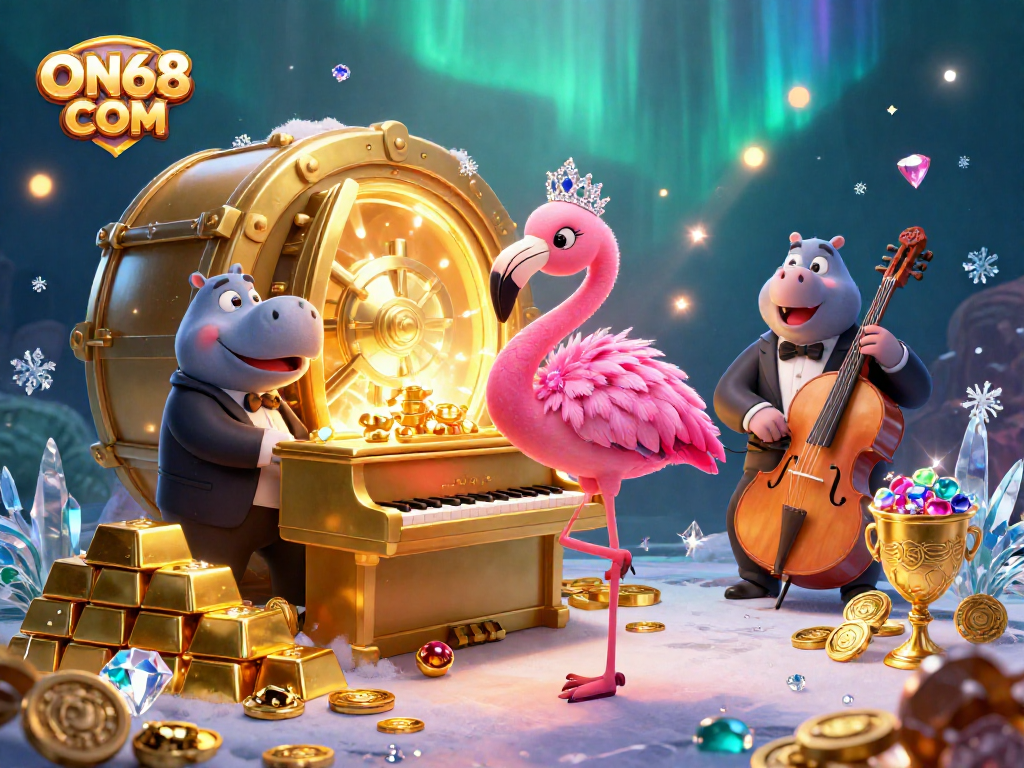 Experience thrilling wins at ON68 COM with a casino scene featuring lively characters and dazzling treasures.