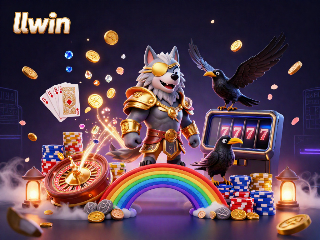 Engage in LLwin's thrilling gaming experience with an illustration capturing Norse gods and vibrant casino elements.