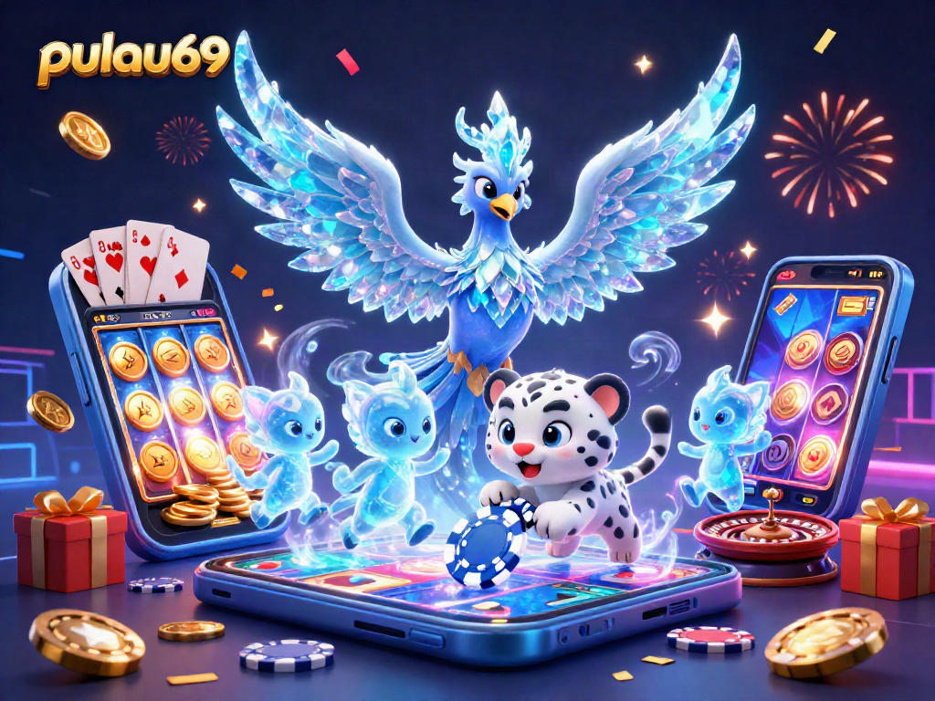 Join pulau69's exhilarating adventures with an ice phoenix and glowing sprites in a vibrant casino scene.