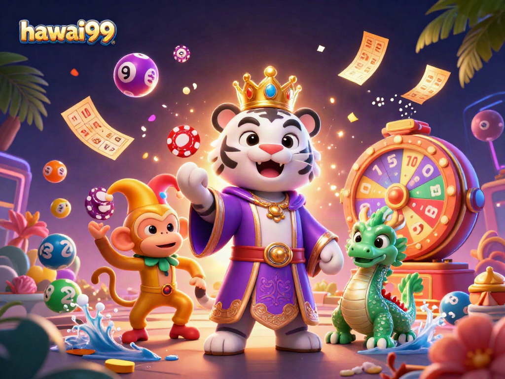 Experience hawai99 in a vibrant 3D casino scene with playful characters and dynamic game elements.