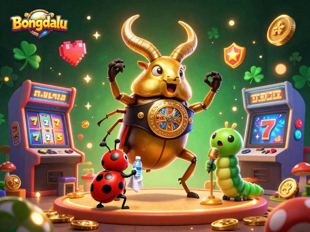 Bongdalu showcases a vibrant casino scene with cartoon characters engaging in gameplay, surrounded by slot machines and golden sparkles.