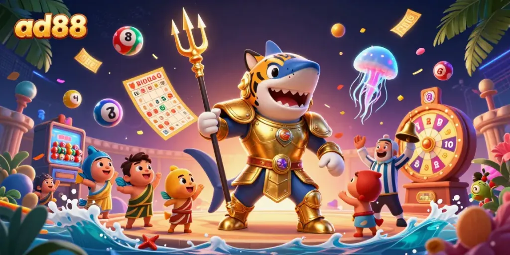 Experience thrilling gaming at ad88, featuring a dynamic underwater casino scene with colorful lottery elements and exciting characters.