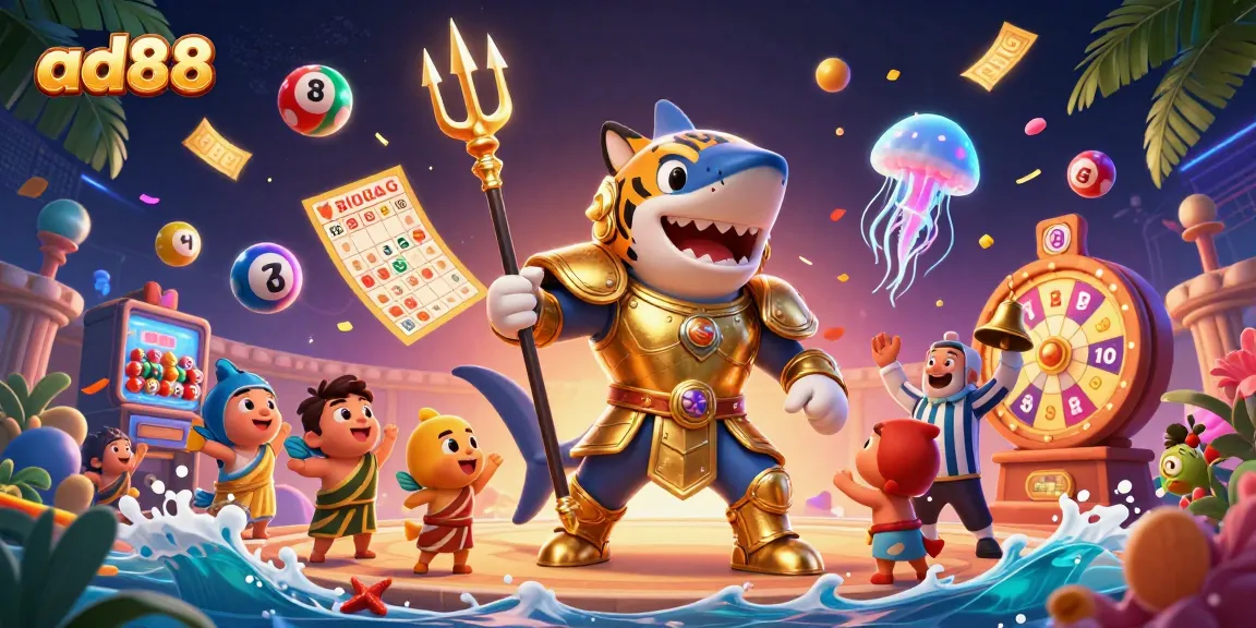 Experience thrilling gaming at ad88, featuring a dynamic underwater casino scene with colorful lottery elements and exciting characters.