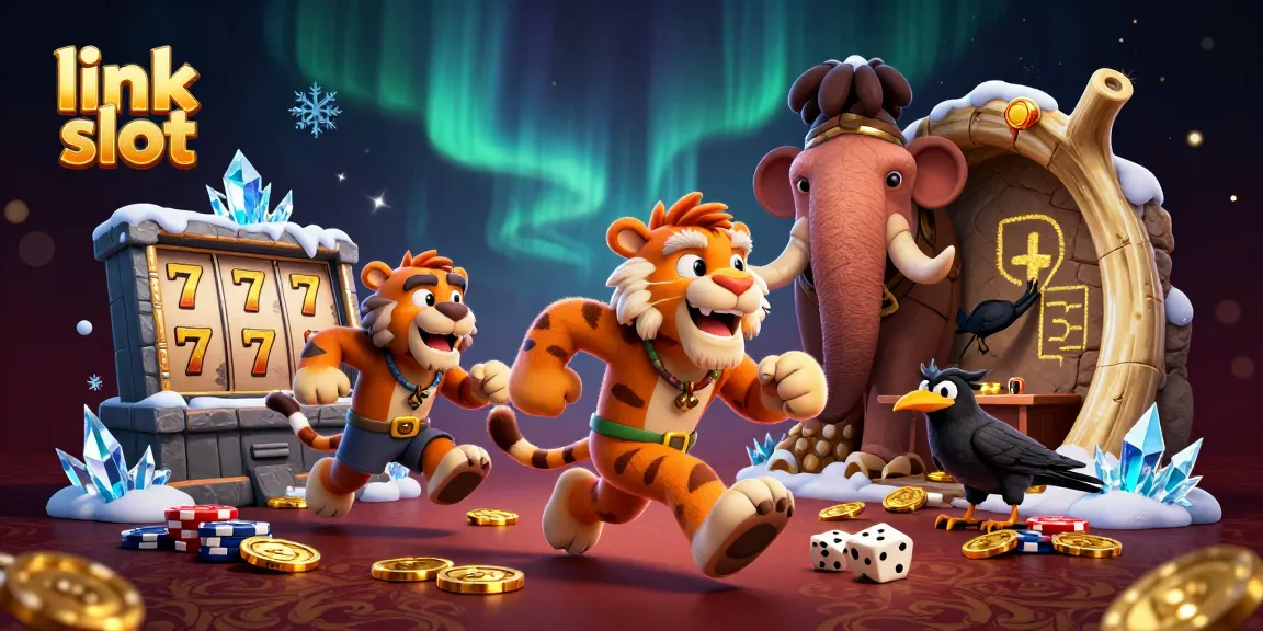 Experience the thrill of link slot with vibrant 3D illustrations of cavemen, slots, and dynamic gameplay.