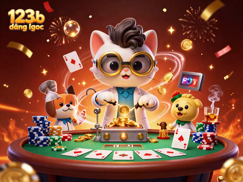 Experience 123b đăng nhập with an exciting scene of a mad scientist cat and his dog assistant in a lively casino.