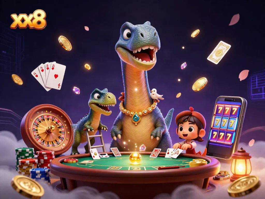 Engage with xx8's thrilling casino scene featuring a giant brontosaurus in action.