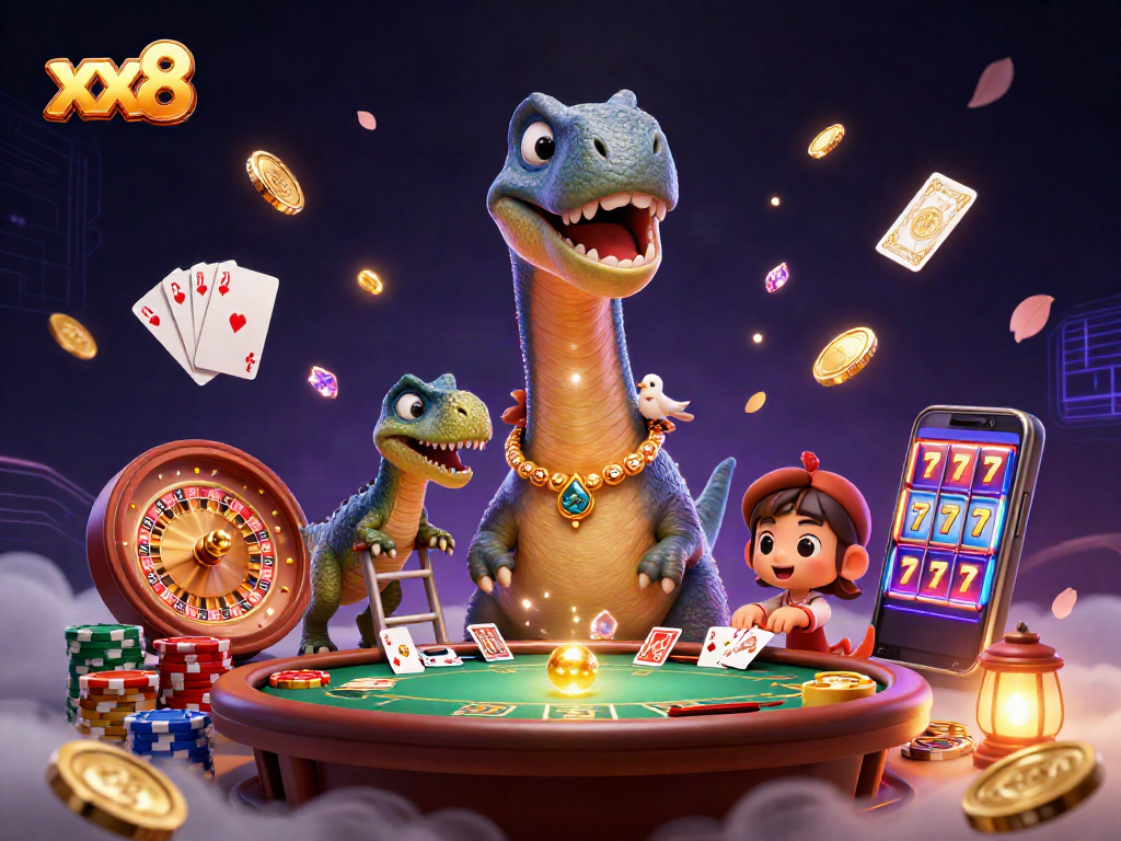 Engage with xx8's thrilling casino scene featuring a giant brontosaurus in action.
