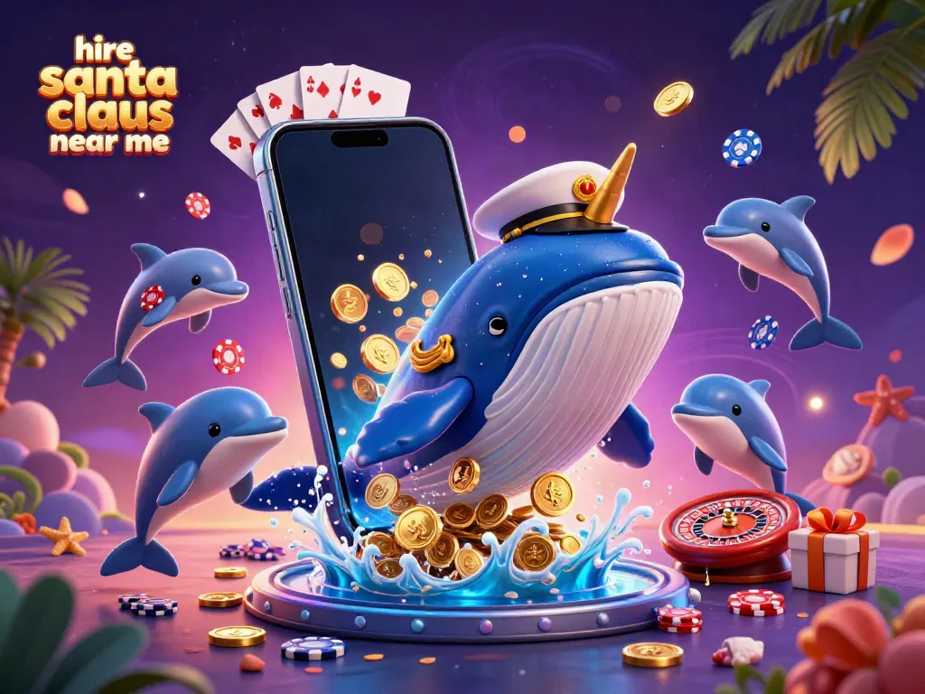 Engage in festive fun and hire Santa Claus near me with this playful 3D casino illustration full of coins and excitement.