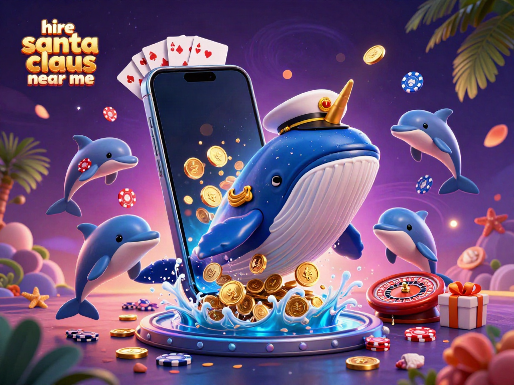 Engage in festive fun and hire Santa Claus near me with this playful 3D casino illustration full of coins and excitement.