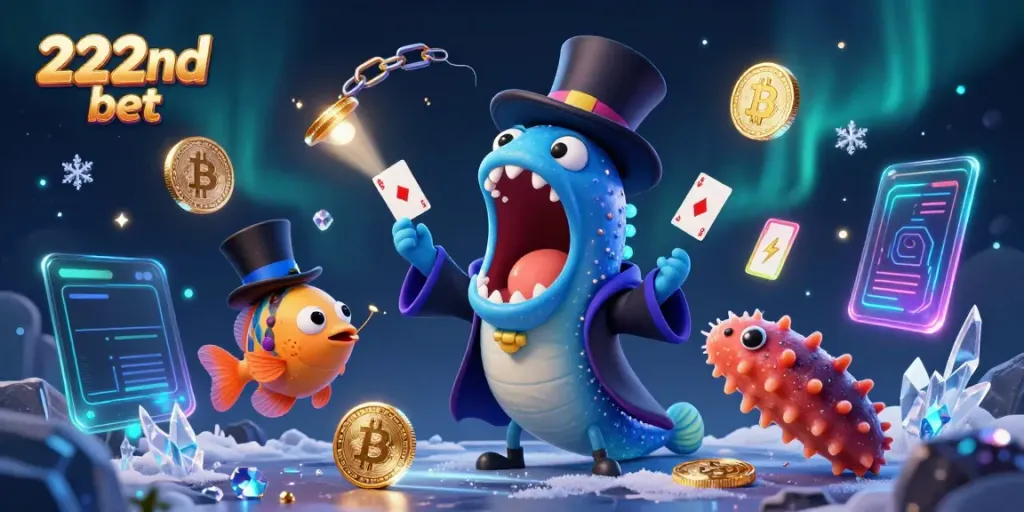 Engaging scene of a gulper eel performing tricks for 222bd bet with casino elements and glowing crypto coins.