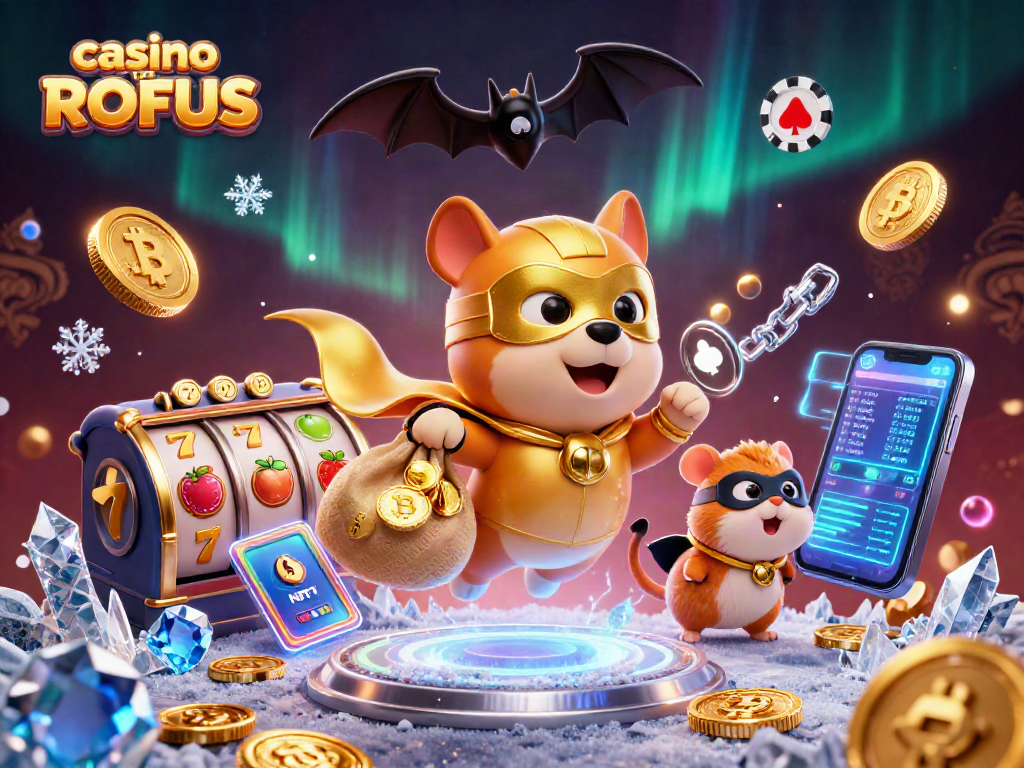 Experience thrilling action at casino uden ROFUS with a superhero dog and hamster amidst vibrant slot symbols.