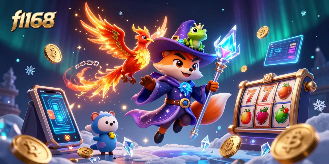 Experience the magic of f168 with a dynamic casino scene featuring a wizard fox and a phoenix.