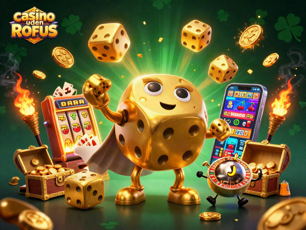 Experience gaming excitement at casino uden ROFUS with joyful golden dice and vibrant slot machines.