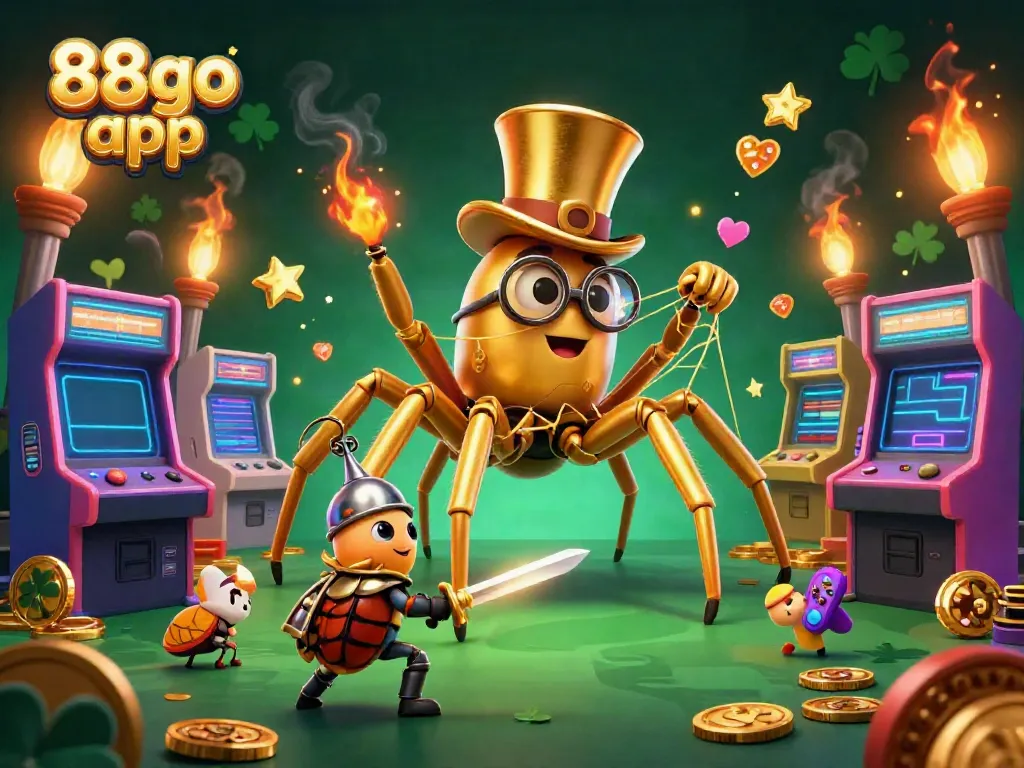 Engage with the 88go app in a vibrant casino-themed scene featuring a golden tarantula and beetle knight.