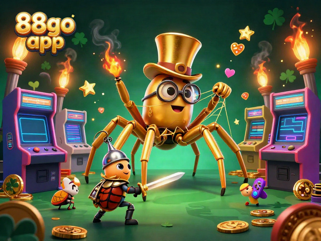 Engage with the 88go app in a vibrant casino-themed scene featuring a golden tarantula and beetle knight.