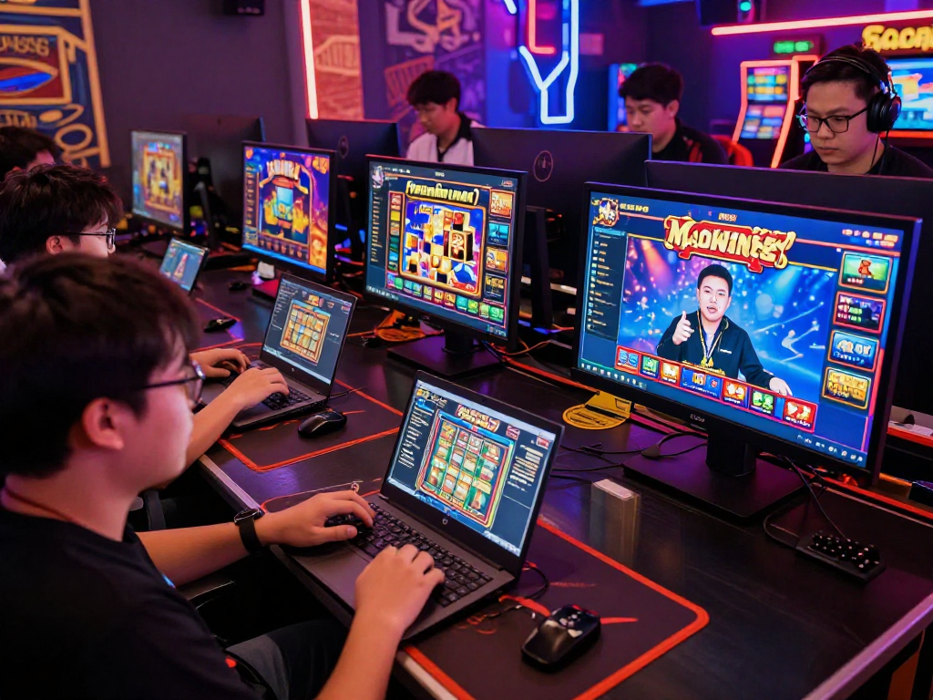 Dynamic gaming moment capturing players enjoying gacor slot games on mobile and laptop, vibrant atmosphere.