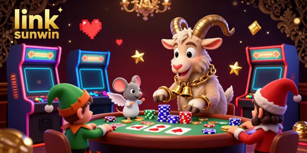 Experience the thrilling world of gambling at link sunwin with a festive 3D illustration featuring Krampus managing a lively casino.