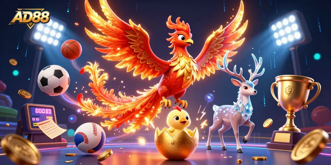 Engage with AD88 as a phoenix soars above a vibrant casino scene brimming with sports elements.