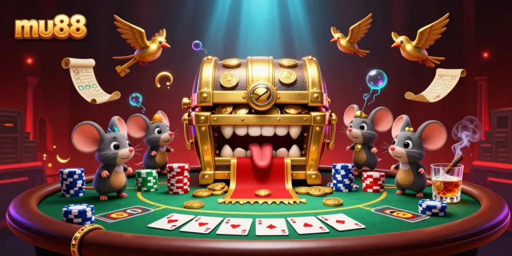 Engage with mu88's immersive 3D casino scene featuring a golden treasure chest and poker elements.