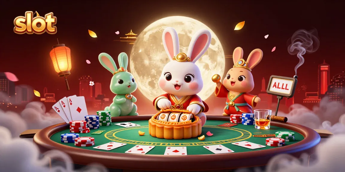 Experience thrilling slot gameplay with a 3D moon rabbit illustration showcasing jackpots and casino elements.